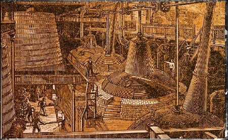 19th century engraving of a still house in a whiskey distillery